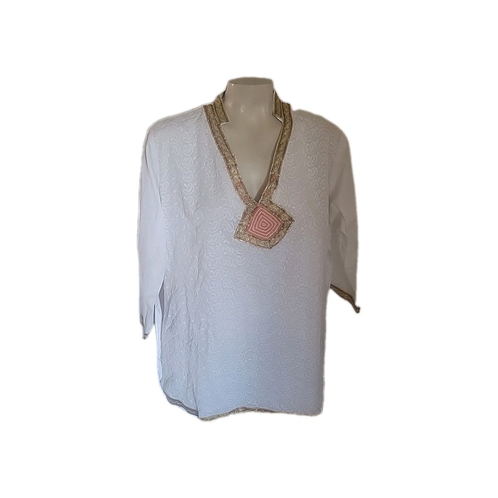 Milagro's Women‎ Ethnic White Beaded Pullover Top L Gold White Paisley Ceremony